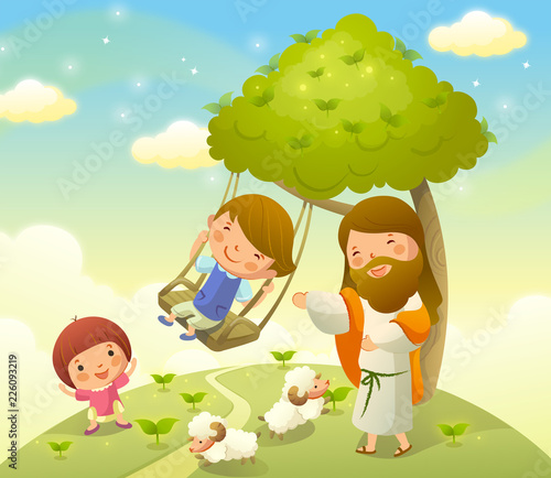 Jesus Christ playing with two children