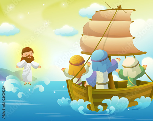 Jesus Christ giving blessings to three wise men in a sailboat