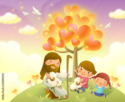 Jesus Christ sitting with two children