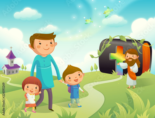 Father walking with his children and Jesus Christ gesturing towards them