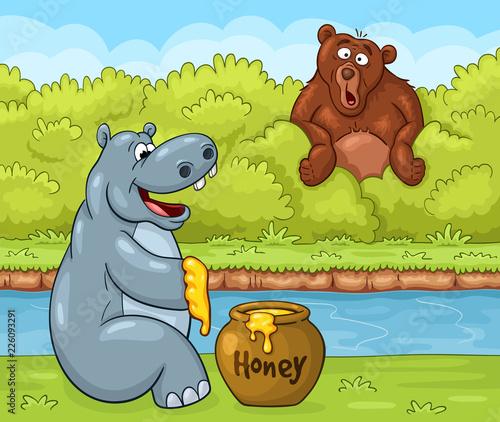Cartoon bear is looking with great surprise at the happy hippopotamus who prepared to eat impressive portion of honey