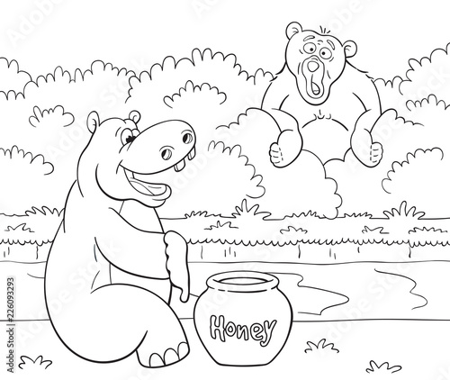 Black and white illustration of cartoon bear is looking with great surprise at the happy hippopotamus who prepared to eat impressive portion of honey