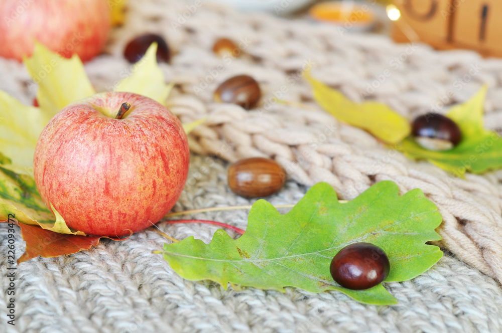 apples, chestnuts and autumn leaves