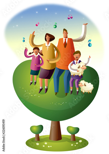 Man and a woman with their children standing in a tree
