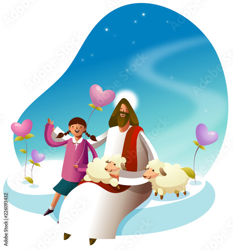 Jesus Christ sitting with a girl and sheep