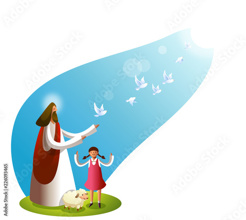 Jesus Christ standing with a girl and a sheep