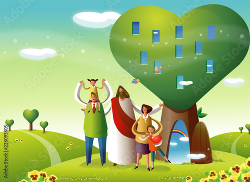 Jesus Christ standing with a family near a heart shaped tree