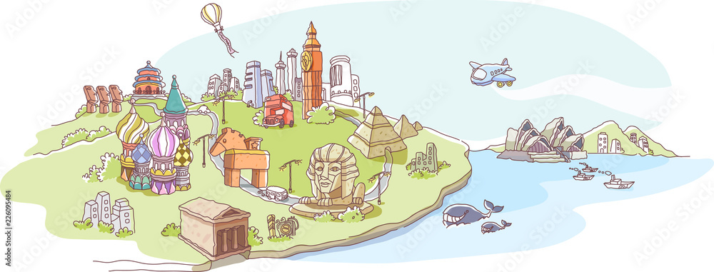 High angle view of famous places and monuments of the world High angle view of famous places and monuments of the world