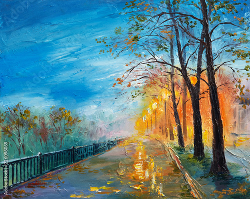 Oil painting of evening autumn street