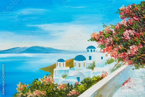 Photography oil painting - house near the sea, colorful flowers, summer seascape