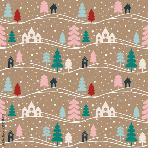 Seamless vector pattern with Christmas forest and houses in snow. Can be used for wallpaper, pattern fills, web page background, surface textures, gift paper. 