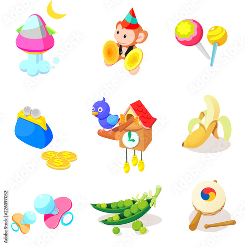 Various objects and toys on a white background