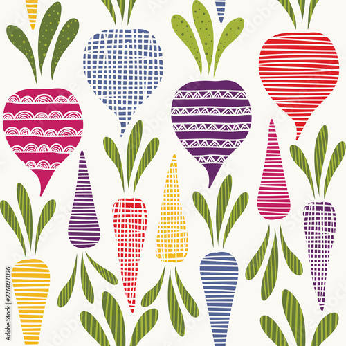 Seamless vector pattern with decorative beetroots and carrots.