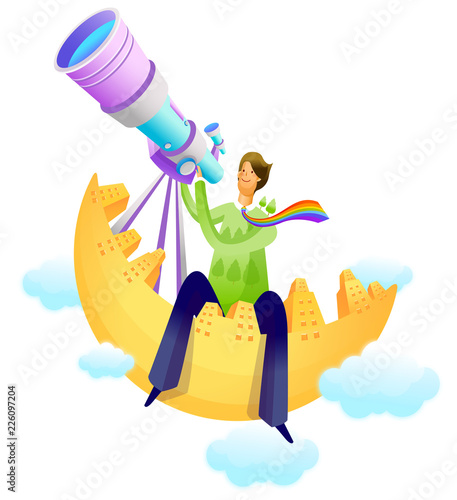 Businesswoman sitting on the moon and operating a hand-held telescope