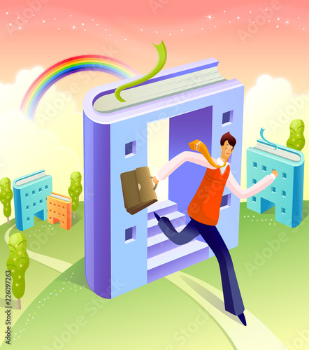 Side profile of a businessman running off a book