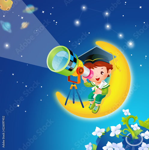 Boy sitting and looking through a hand-held telescope