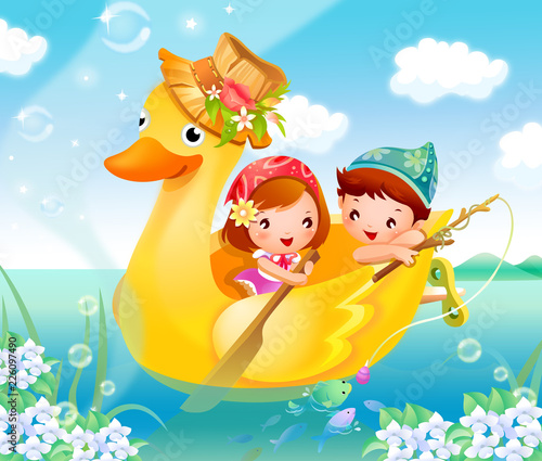 Boy and a girl floating on a duck boat