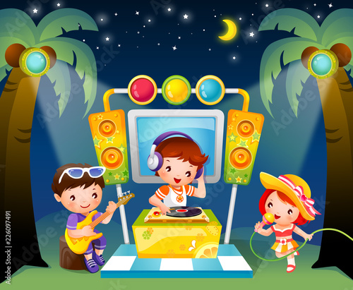 Two boys and a girl performing on a stage