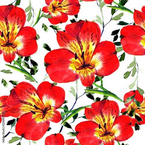 Fototapeta Naklejka Na Ścianę i Meble -   Beautiful watercolor flowers. Seamless floral pattern with red tender flowers hand drawn in watercolor on a white background