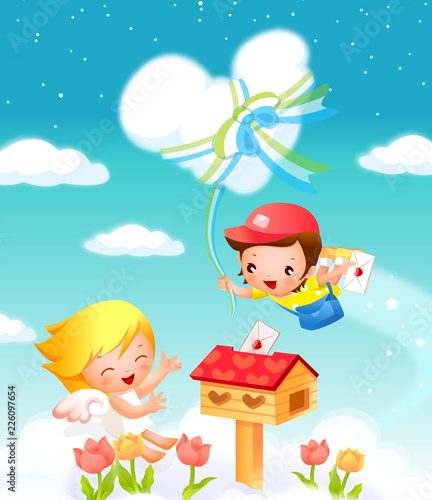 Boy flying with a tide cloud and dropping a love letter into a mailbox