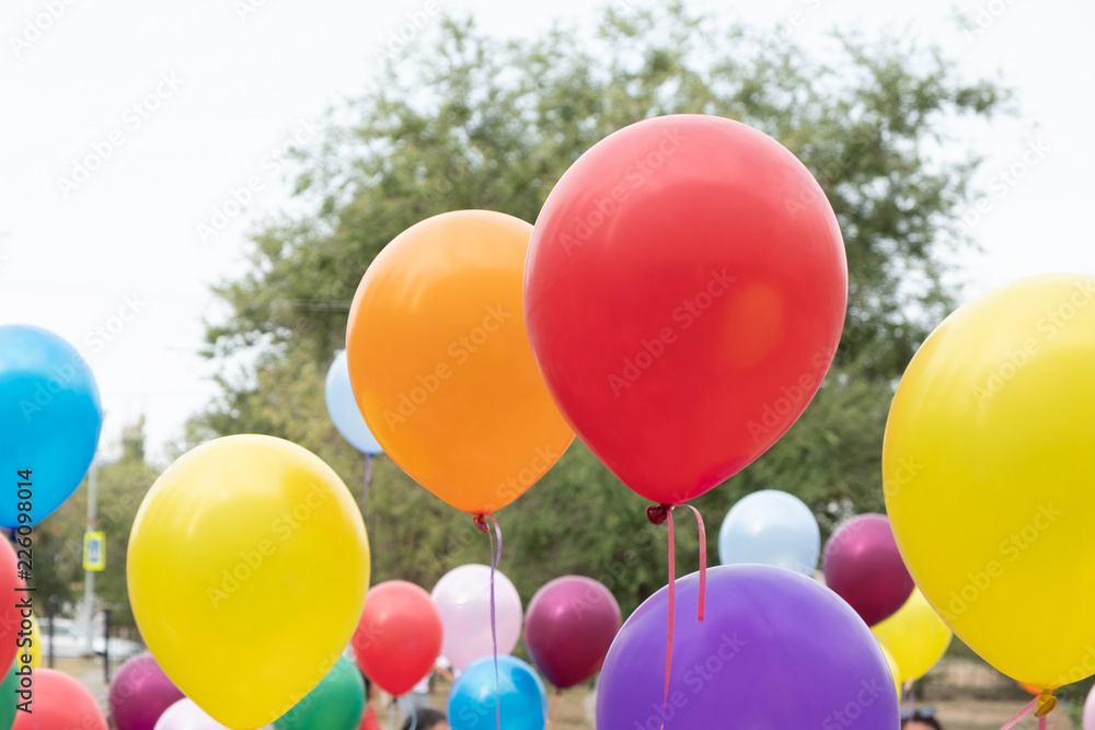 Holiday, balloons rushing up, colorful flags. Holiday, balloons rushing up, colorful flags.