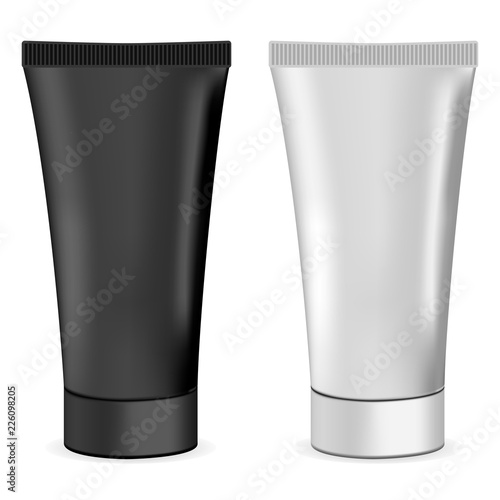 Plastic or metal realistic 3d cream tubes. Black and white cosmetic mockup set of tubes for paint, paste, glue, cream. Vector illustration.
