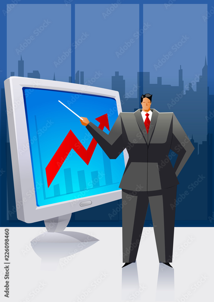 Businessman holding a stick and pointing towards a visual screen Businessman holding a stick and pointing towards a visual screen