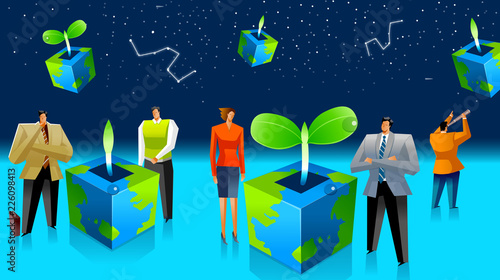 Five business executives standing near plants potted in cubical shaped earth