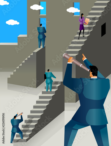 Rear view of a businessman watching other people moving up a staircase through a hand-held telescope