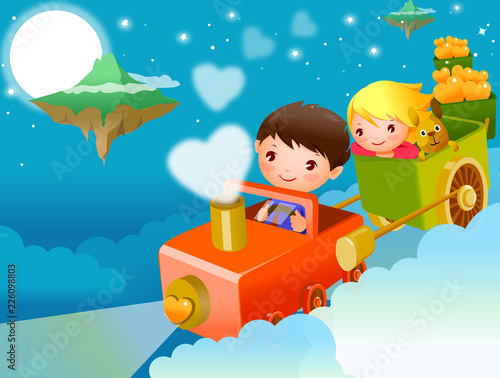 Boy and a girl traveling in a toy train in the sky