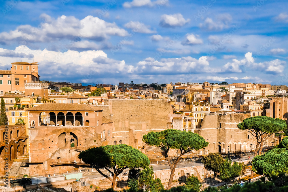 Panoramic view of the Roman Forums, ruins of Ancient Rome. Forum Romani.