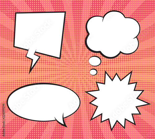 Retro expression empty comic speech bubbles set on colorful halftone pink stripes background. Vector illustration, vintage design, pop art style.