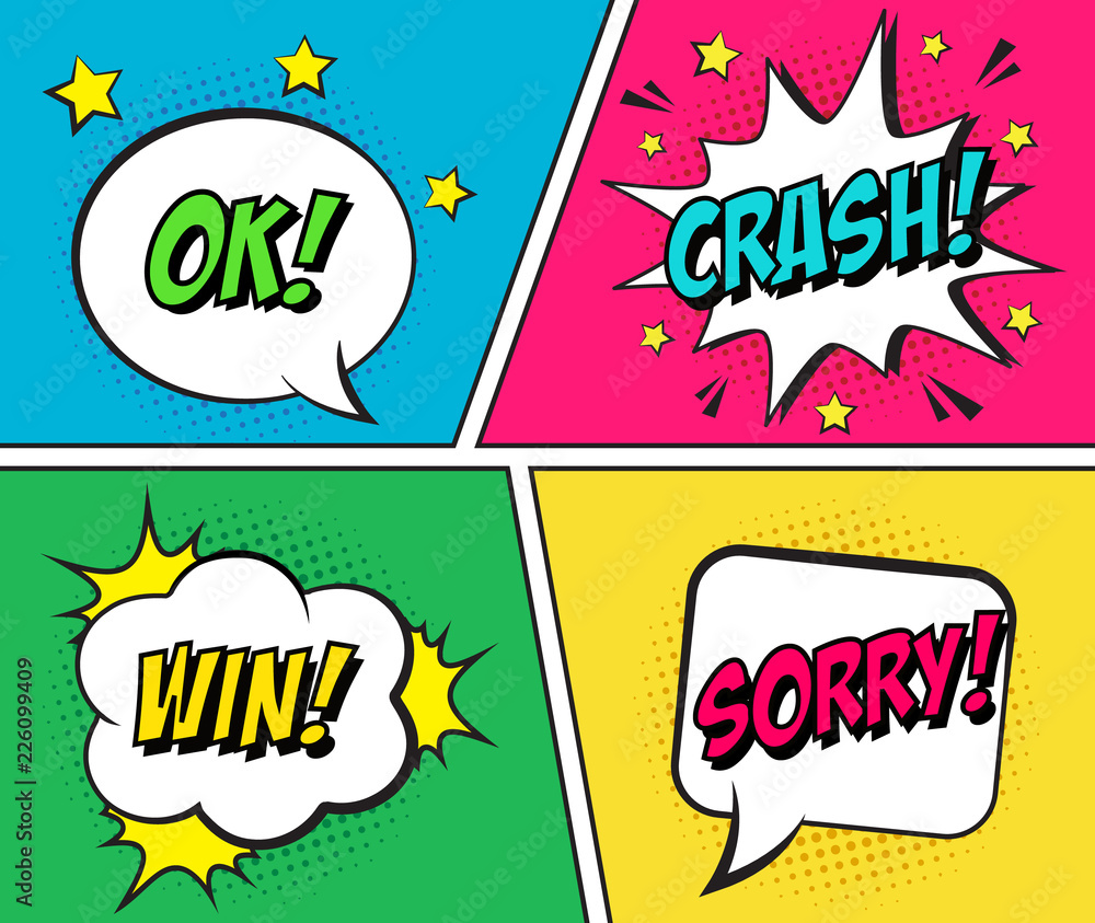 Retro comic speech bubbles set on colorful background. Expression text ...