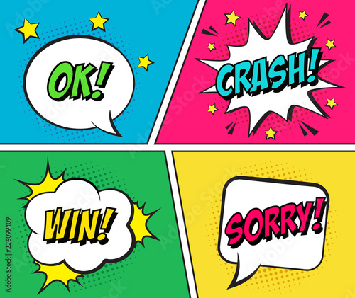 Retro comic speech bubbles set on colorful background. Expression text OK, CRASH, WIN, SORRY. Vector illustration of comic speech bubbles, vintage design, pop art style.