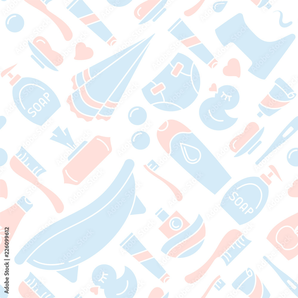 Baby care elements seamless pattern. Flat style vector illustration. Baby hygiene accessories. Suitable for wallpaper, wrapping or textile Baby care elements seamless pattern. Flat style vector illustration. Baby hygiene accessories. Suitable for wallpaper, wrapping or textile