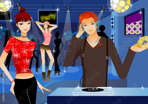 Portrait of a male disc jockey operating on sound mixer with a woman standing beside him