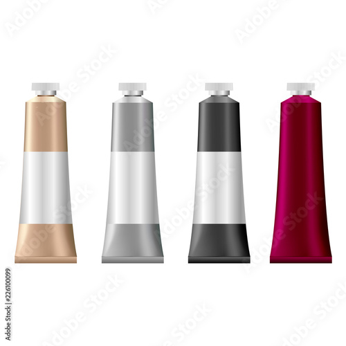 Realistic 3d oil paint tube. Mockup set of tubes for paint, paste, glue, cream. Vector illustration.