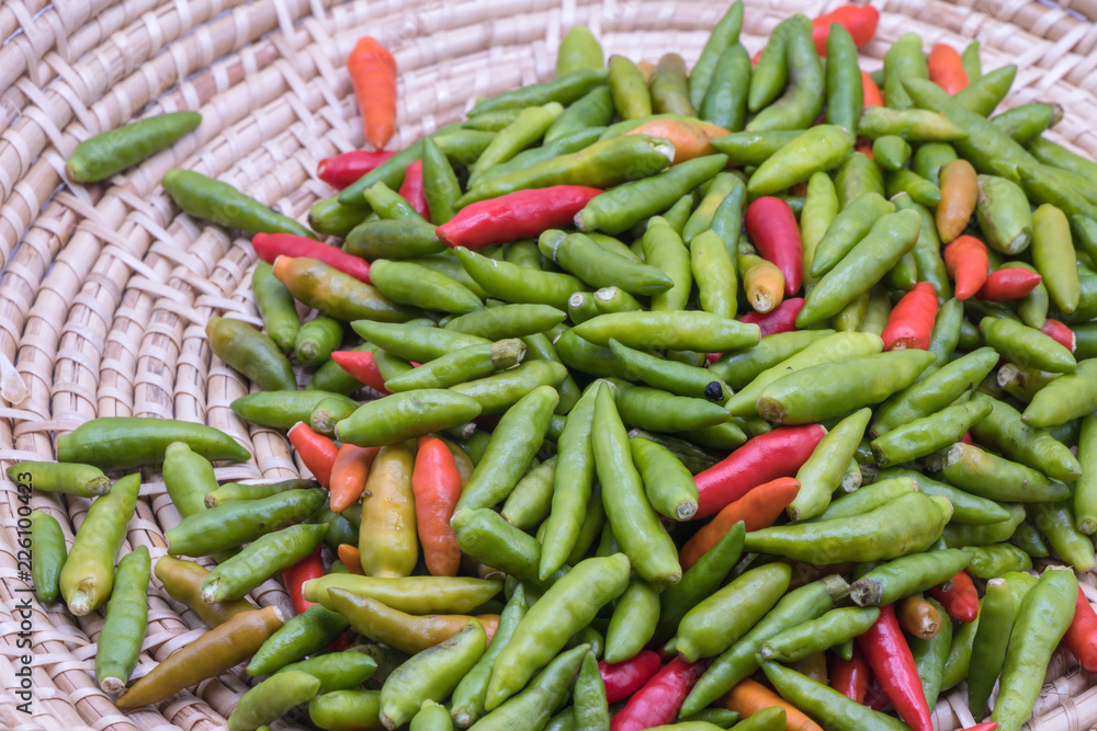 Red and green chilly pepper in basket background. Red and green chilly pepper in basket background.