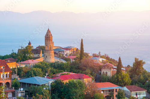 Signagi or Sighnaghi city in Kakheti region in Georgia, sunrise in Sighnaghi photo
