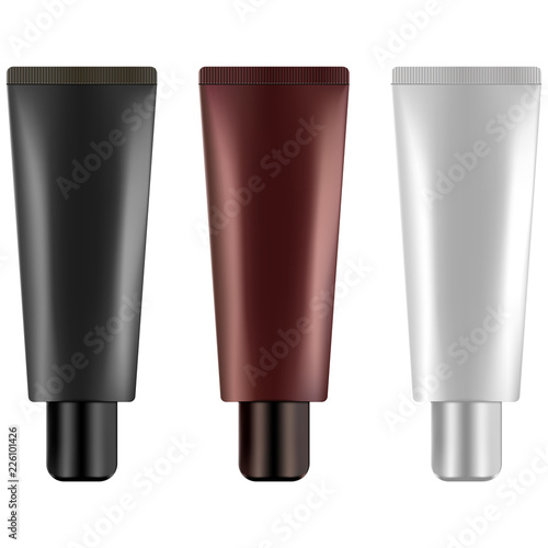 Cosmetic tube for eye cream, gel or essence. 3d realistic vector illustration. Black, white, brown metalic mockup set on isolated background.