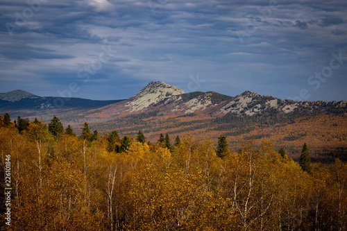 Autumn panorama of Ural mountains in Iremel nature reserve