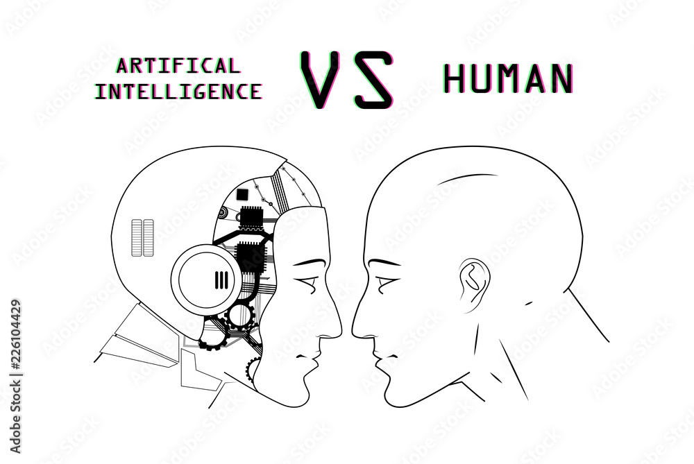Humans vs Robots. AI artificial intelligence versus human intelligence.  Face to face, duel of views. Vector illustration cartoon, clip art, sketch  Stock Vector | Adobe Stock
