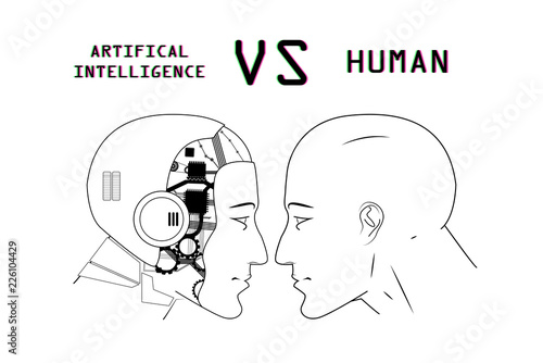 Humans vs Robots. AI artificial intelligence versus human intelligence. Face to face, duel of views. Vector illustration cartoon, clip art, sketch 