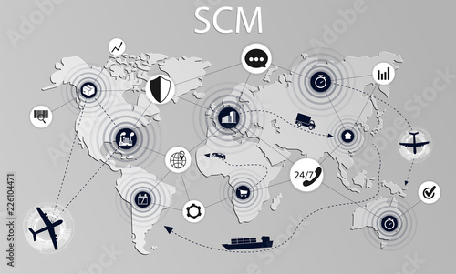 SCM concept illustration. Modern logistics, supply chain management. Delivery stages on the world map.  Supply Chain Management concept banner. Vector illustration 