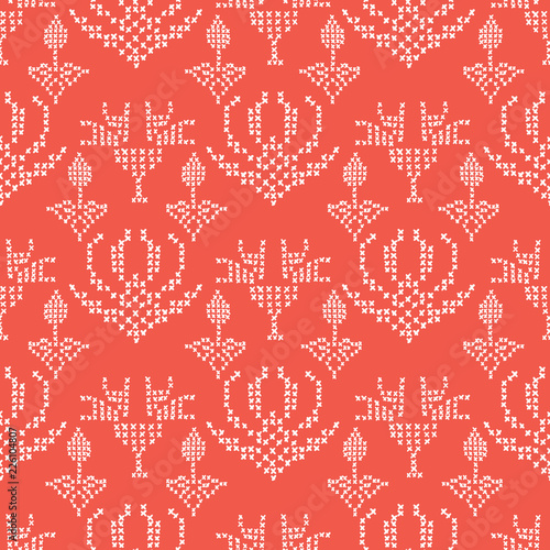 Hand Drawn Embroidery Stitches Seamless Vector Pattern. Cross Stitch Texture Illustration for Summer Fashion Prints, Handicraft Gift Wrap, Trendy Scandi Packaging or Retro Home Sweet Home Design