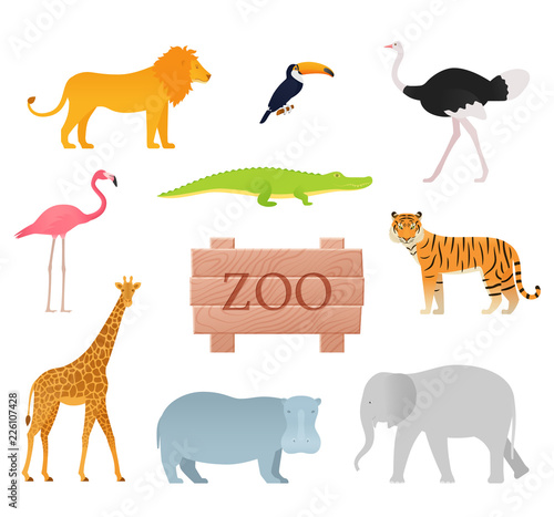 Fototapeta Naklejka Na Ścianę i Meble -  Zoo animals. Vector. Animal icon set with wooden board. Cartoon toucan tiger flamingo lion ostrich giraffe elephant crocodile hippopotamus. Colorful illustration in flat design on white background.