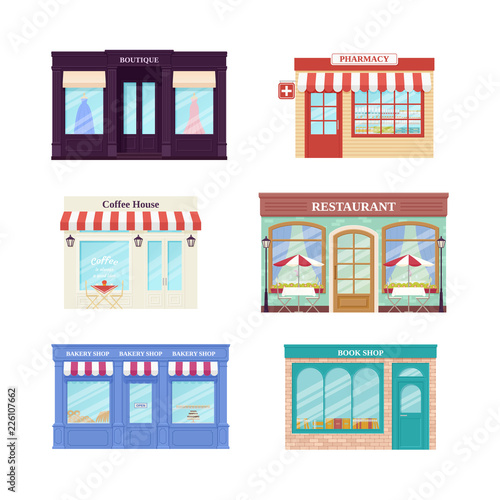 Shop, store front. Vector. Storefronts boutique, cafe, restaurant, pharmacy, bakery store and book shop. Set facade retail buildings isolated in flat design. Cartoon illustration. Street architecture.