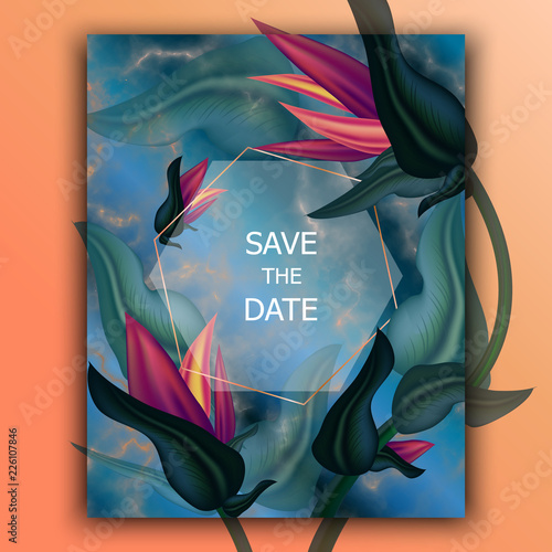 Fototapeta Naklejka Na Ścianę i Meble -  Wedding invitation frame  flowers, water, palm,succulent, leaves, watercolor, marble  minimal vector. Sketched wreath, floral and herbs garland with green, greenery color