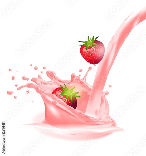 Milk splash and strawberry 3d vector object. Natural dairy products