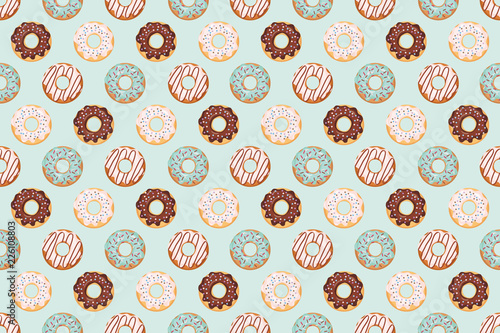 Cute pattern with glazed donuts. Blue and beige colors. Girly. For print and web.